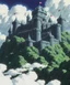 Placeholder: A large dark castle sitting on a cliffs edge ,black and white, fantasy