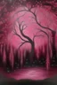 Placeholder: Acrylic painting of a pastel pink weeping willow in the middle, soft glowing leaves, cosmic background with a myriad of stars