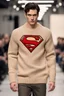 Placeholder: a men winter fashion runway Superman with industrial clothes inspired by Superman Emblem style, embroidery sweaters fashion beige tones