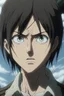 Placeholder: Attack on Titan screencap of a female with Wolf cut hair and black eyes