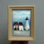 Placeholder: tiny oil painting of tiny seaside village, plain white background, solid white background, tiny white canvas, tiny white frame, melancholy, tender, moody, vintage, delicate arrangement, beautiful composition, etsy, aesthetic layout, plain solid white background