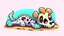 Placeholder: Cute chibi-style bony animal carcas, big ribs pointing up, lying on the ground, cartoony, colorful, exaggerated, simplified,