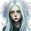 Placeholder: A young woman with long white hair, silver eyes, sickly complexion, very shy, watercolor splotchy background