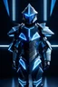 Placeholder: neon blue, flying parts of armor in form of triangles, cyber armor, geometric patterns on armor, male, orbiting triangle, armor drones