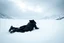 Placeholder: in the distance side a wiev a figure in dark clothes and long black leather coat lies on his back in the snow and looks the sky in a winter landscape, alone, white snow, high contrast, cold, winter, mountains, white, blue, gray and black colors, cinematic, atmospheric, dark, gloomy, thriller vibe, crepy stunning