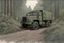 Placeholder: Military truck on a road, forest, overgrown apocalyptic, comic book,