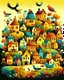 Placeholder: village, TINY animals SURREAL, MASTERPICE, TINY BRAINS, TINY forest, TINY house, TINY birds, colorful, vector