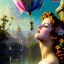 Placeholder: Hyperdetailed oil on canvas, young robyn lively by an ornate fountain, goldfish pond, lotus, detailed face, long muti-hued red curly hair; by gaspar camps, maxfield parrish, alphonse mucha, cyril rolando, dan mumford; luminous colorful sparkles, glitter, airbrush, octane render, volumetric lighting, 16k