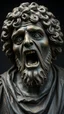 Placeholder: Ceramic style statue all colours are dark of an old church man from the 1200 BC , the head of dead man with thick curly hair and his eyes are open wide and open mouth with rage ,