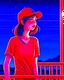 Placeholder: woman with a red baseball hat. leaning on a wooden balcony. night time. fantasy. cartoon. studio lightining.