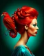Placeholder: Create an image of a woman in profile view with vibrant red hair styled in an elaborate updo. On top of the hair, place a bright red cardinal bird perched gracefully. The background should be a textured teal color that provides a contrast to the warm tones of the hair and bird, enhancing the overall artistic appeal of the composition.