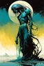 Placeholder: create an imaginative full body print illustration of an ethereal, otherworldly gaunt and withered ancient female Striga monster, in the comic book art style of Bill Sienkiewicz, Mike Mignola, and Jean Giraud Moebius, with highly and finely inked