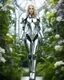 Placeholder: Full body Beautiful woman super model blond long hair science fiction style humanoid half with full body chrome shining cyborg robotic mechanicals and combination natural plant flowers,she on standing sweet pose and smile,in wonderful botanical flowers background