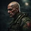 Placeholder: portrait of a 50 year old evil soldier. sneering expression, bald with tattoos, photorealistic, 4k