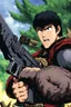 Placeholder: Guts from Berserk holds a revolver gun to his head.