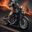 Placeholder: Fire headed skeleton Rider wearing a black leather on black motorcycle in the middle of street rounded by high tower