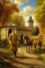 Placeholder: Fascinating, ultra-realistic nature in the photo. Golden autumn. A 32-year-old man in 19th-century Russian clothes walks towards the horses with his head raised to the sky, a smile on his face. In the background, the Russian estate of a 19th-century nobleman and three horses stand at the outhouse.
