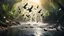 Placeholder: Hyper Realistic photographic-view of Lots-of-Koel-Birds Flying above a river water flowing inside a jungle with sunlight-rays showing dramatic & cinematic ambiance