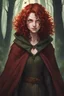 Placeholder: Eighteen-year-old girl, green eyes, blood-red curls, dressed in a brown cloak, with an evil smile in the middle of the forest