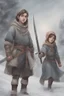 Placeholder: DnD style, two medieval peasant kids playing in the snow male and female, age 14 and 15, happy and playful, he has a short sword