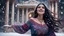 Placeholder: Hyper Realistic Photographic Low-Angle View Of A Beautiful Young Pashto Woman With Beautiful Eyes Lips & Nose (Wearing Beautiful Frock with Mandala Designs on it) (Her Beautiful Long Black Hair Whirling In Air) Happily Smiling & Dancing Alone Outside A Palace Under Heavy Snowfall Night Showing Dramatic & Cinematic Ambiance.