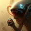 Placeholder: closeup on alien vampire with hair, background with dumper truck, book cover, fantasy art, sketch, movie poster