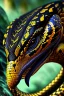 Placeholder: Close up of a Cobra snake ready to strike, head in a flat striking position. Abstract, Stunning and frightening pattern on forehead with staring eyes. Style of steampunk, chaos80, realistic and high quality