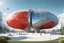 Placeholder: 3D representation of architectural wonder, with a concrete design and matte reddish glass that contrasts with the light blue sky, emphasizing organic movement. Its design represents an ant with a bulbous tail and membrane wings with solar panels, its tail is made of concrete and glass. It stands out from pedestrians, creating a sense of scale. In open space, its use is a public place and as a great viewpoint in the mountains Combination of practicality and artistic expression in architecture