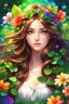 Placeholder: Beautiful anime girl with shiny flowing brown hair and full clover leaves sewn on her head, very bright and lovely green eyes, surrounded by very beautiful colorful flowers, very colorful, vibrant colors, digital painting