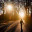 Placeholder: view of long road , man walking with blood hand , sun is blury