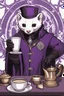 Placeholder: (anthropomorphic white ferret),dressed in ((cleric fantasy)) black and purple clothes with silver holy ornaments, realistic anatomy, fantasy tavern on background, mage and holy symbols around, serious face, hold cup of coffe, tired face, in the style of LOISH