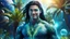 Placeholder: beautiful gorgeous young man na'vi with long hair, Avatar, blue skin, two small ears, green eyes, black hair, in cosmic suit, galactic ambiance, smiling, with spaceship and planets and palm trees and clear crystaline cosmic beach in background