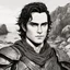 Placeholder: A portrait of Joaquin Phoenix in his early 30s, long beachy haircut, black hair, on a rocky island, in ebony armor from Skyrim, melancholic and dangerous facial expression, half-smiling, drawn in the style of ink manga sketch