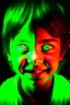 Placeholder: Face of an evil child with a demonic smile, white eyes, surrounded by flames, youthful green lighting.