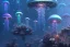 Placeholder: bioluminescent cyberpunk jellyfish, deep sea diver, extreme light, distant cyberpunk atlantis, organic, bio domes, coral, deep ocean, robotic, mariana trench midnight zone, bubbles, hyper realistic, hyper detailed, digital art, trending in artstation, studio quality, photorealistic, photo, by jesper ejsing, wlop, paul lehr