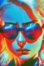 Placeholder: Photo of a beautiful blonde female Terminator, with dark sun glasses, bright red eye, up close, Hollywood movie poster vibes, blue light night time, high contrast dark moody lighting.