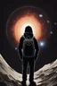 Placeholder: A figure wearing a black backpack deep in a supernova overlooking planet Earth