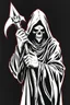 Placeholder: hooded Grim-Reaper gripping a staff with both hands, vignette, black and white graphic novel style with a red outline on black background, extreme distortion and melding of shapes, gothic horror