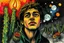 Placeholder: exquisite handcolored steel engraving captures. "Jamie, a footloose and self-absorbed young American, is traveling in Chile and is keen to experience the mysteries of a local hallucinogen — the mescaline-bearing San Pedro cactus." explosive contrast of brilliant colors. magical strokes, insanely detailed textures, complicated background, disturbing, scribbling. magical whimsical world. after Paul Gauguin. after Jacek Yerka. after Catrin Welz-Stein. black and gold, background in graphic and water