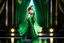 Placeholder: a very beautiful lady with makeup and curvy hair, wearing a pretty green jewelled long skirt with blouse and high heels, dancing over a modern stage with luxury metalic fractal recursive structures and dynamic color lights.3by 2