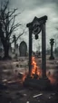 Placeholder: Fire sign on an old abandoned cemetery in horror movie style