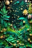Placeholder: BIG GrEEN PLant taking up most of the space in the picture, with Large Leaves in the center of the picture, under the night sky, with wildflowers and plants around, clouds multi-dimensional paper cut craft, paper illustration, cut out stars and glitter.