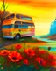 Placeholder: Coloring pages: 末日汽车站废墟的风景画，废旧的公共汽车，摩托车，交错盘旋的森林，铁锈色的藤蔓环绕，一条小狗凝视前方，精确主义，水彩画，有几朵美丽的野红花