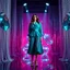 Placeholder: Cinematic wide shot of a fashion model on a high-tech stage. She wears a striking teal outfit with a pleated skirt. The scene is decorated with reflective bead curtains and giant glass diamonds. Intense theatrical lighting creates dramatic highlights and shadows across the shimmering textures. Professional photography style with a focus on color and light.