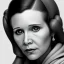 Placeholder: analog style, Beautiful photorealistic black and white close up face of carrie fisher, soft light, soft ethereal skin, rim lighting, sharp eyes, dark plain background