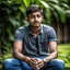 Placeholder: an 24 year old indian man, oval face, light skin, wearing shirt and jeans, sitting in a garden, peaceful, front face portrait, short hair, muscular and fit, handsome