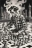 Placeholder: harlequin playing burning chess on racing field with a confused look on his face, in the style of Escher