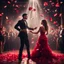 Placeholder: Hyper Realistic handsome muscular guy in black tuxedo & a beautiful girl in classy red gown dance in a wedding party with dramatic lightings & spotlight with rose-petals at dark night.