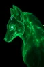 Placeholder: A transparent, hollow, glowing, wolf , a side view photo , 8k, high resolution for a big head alien in dark green