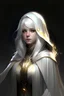 Placeholder: female, saint, white robe, white hood, silver hair, golden eyes, glowing eyes, full body raw, hard-edge style,highly detailed, high details, ultra detailed, ultra quality